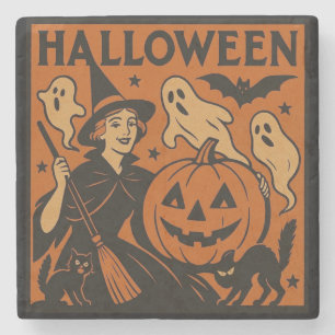 , klassieke Halloween heks, spook en pompoenen Stenen Onderzetter