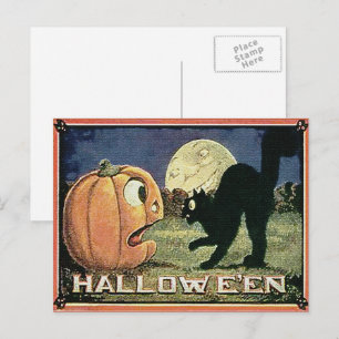 Klassieke Halloween Pompoen & Kat in Mozaïek Briefkaart