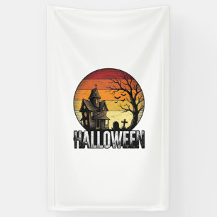 Klassieke Halloween Spookhuis Zonsondergang Vector Spandoek