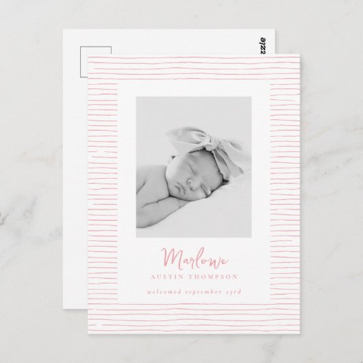 Klassieke Handgetekende Roze Gestreepte Geboorte A Briefkaart (Voorkant / Achterkant)