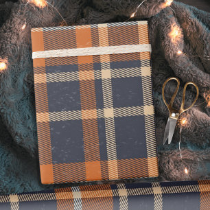 Klassieke  Herfst Blauw en Sinaasappel Plaid Cadeaupapier