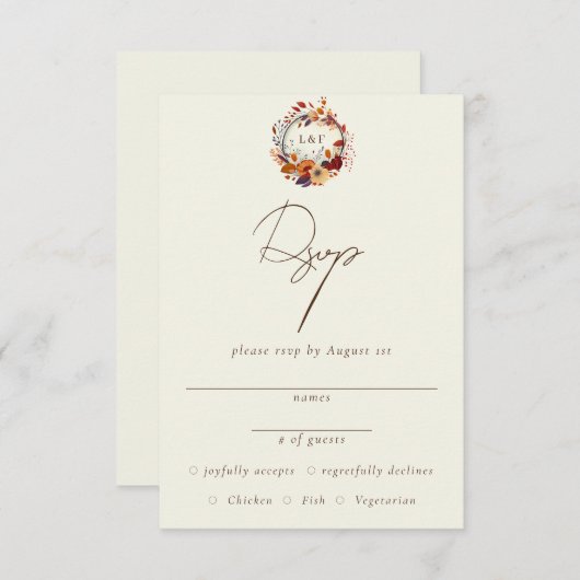 Klassieke herfst wilde bloem naam initiële RSVP Informatiekaartje (Voorkant / Achterkant)