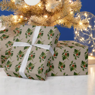 Klassieke Holly met rode bessen op linnen grond Cadeaupapier