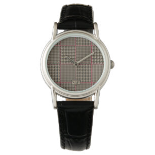 Klassieke Houndstooth Black Taupe Hot Pink Check Horloge