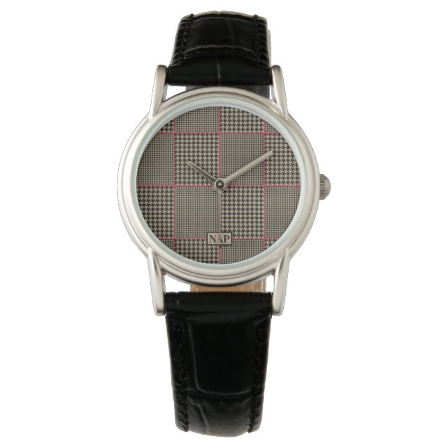 Klassieke Houndstooth Black Taupe Hot Pink Check Horloge (Voorkant)