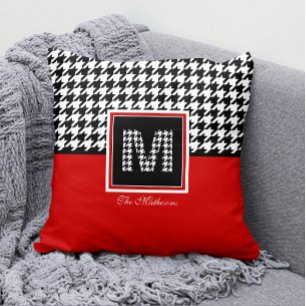 Klassieke Houndstooth & Monogram   Rood zwart wit Kussen