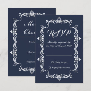 Klassieke huwelijk met donkerblauw ingewikkeld lij RSVP kaartje