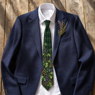 Klassieke Ierse Jager Groen Tartan Plaid & Shamroc Stropdas