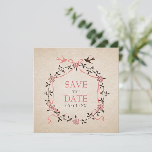 Klassieke Kersenbloesem Zwaluwen Save the Date kaa (Staand voorkant)