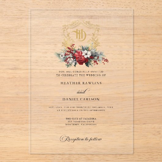 Klassieke Kerst Bloemen Crest Monogram Bruiloft Acryl Uitnodigingen (Voorkant)