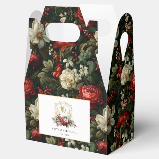 Klassieke Kerst Bloemen Crest Monogram Bruiloft Bedankdoosjes (Geopend)