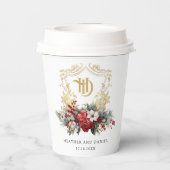 Klassieke Kerst Bloemen Crest Monogram Bruiloft Papieren Bekers (Achterkant)