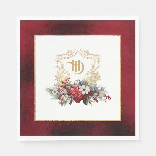 Klassieke Kerst Bloemen Crest Monogram Bruiloft Servet (Voorkant)