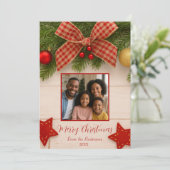 Klassieke Kerst Bow & Pine Foto Feestdagenkaart (Staand voorkant)