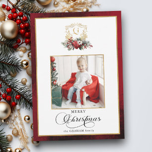 Klassieke Kerst Floral Crest Foto Feestdagenkaart
