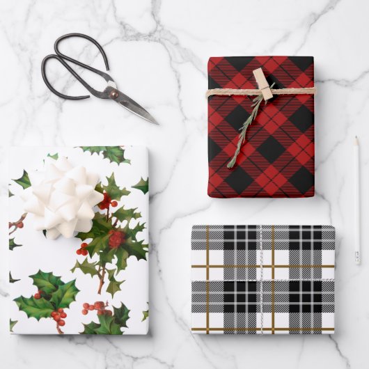 Klassieke kerst Plaid en Holly Inpakpapier Vel (Voorkant)