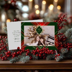 Klassieke Kerst Rode Groen Geplaagd Foto Feestdagenkaart