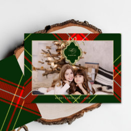 Klassieke Kerst Rode Groen Geplaagd Foto Feestdagenkaart