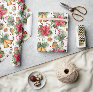 Klassieke kerstgouden cellen en vogelpatronen cadeaupapier