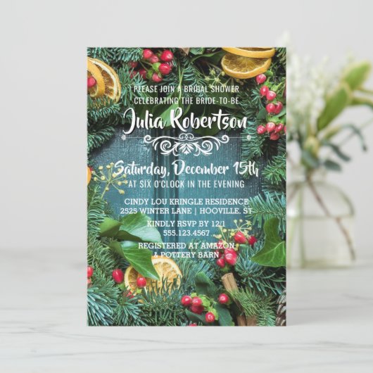 Klassieke Kerstkrans Bruids Douche Uitnodiging (Staand voorkant)