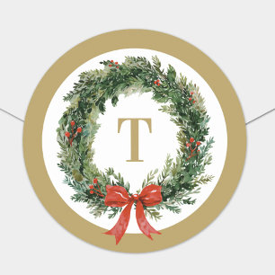 Klassieke Kerstkrans Gouden Monogram Initiaal Ronde Sticker