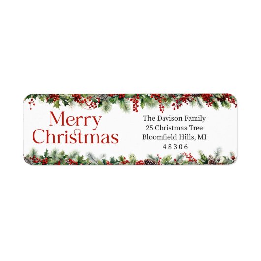 Klassieke kerstkrans rode hulstbessen etiket (Voorkant)