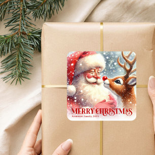 Klassieke Kerstman en Rudolph Persoonlijke Cadeau Vierkante Sticker