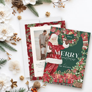 Klassieke Kerstman Kerstboom Groene Foto Feestdagenkaart