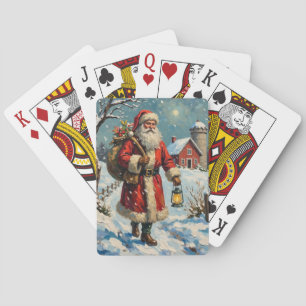Klassieke Kerstman op besneeuwd boerderijpad Pokerkaarten