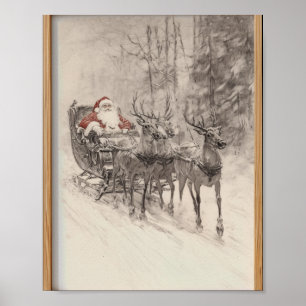 Klassieke Kerstman slee Kerstmis bos schets Poster