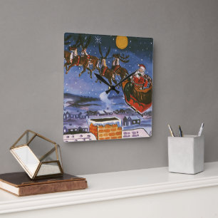 Klassieke Kerstman vliegt met zijn slee Vierkante Klok