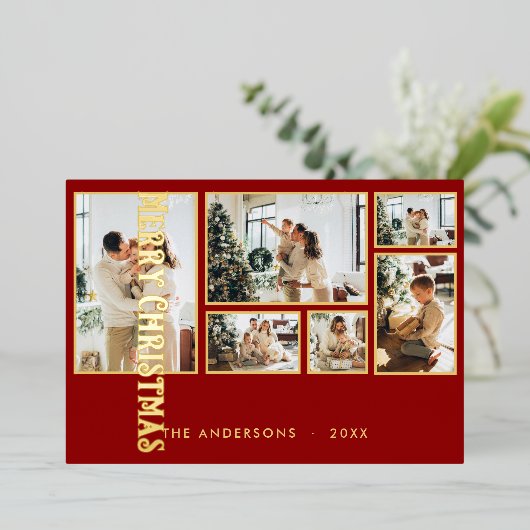 Klassieke Kerstmis Multi Photo Family Folie Feestdagenkaart (Staand Voorkant)