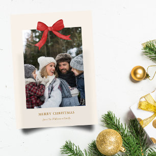 Klassieke Kerstmis Rode Strik Twee Familie Foto El Feestdagenkaart