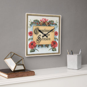 Klassieke kerstpoinsettia's in een sierlijke lijst vierkante klok