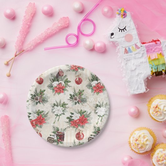 Klassieke kerstrode en witte punsettia bloemen papieren bordje (Feest)