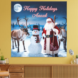 Klassieke kerstscène met Santa, Snowman Canvas Afdruk