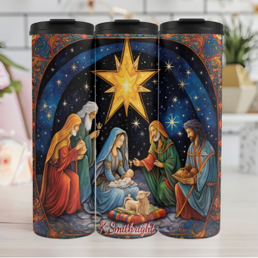 Klassieke kerststal met ster thermosbeker