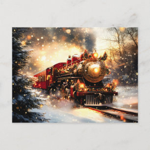 Klassieke Kersttrein Express in Besneeuwde Nacht Feestdagenkaart