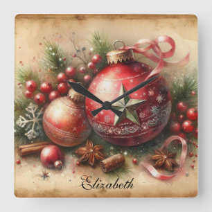 Klassieke kerstversiering in pasteltinten aquarels vierkante klok