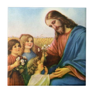 Klassieke kinderen brengen bloemen naar Jezus Chri Tegeltje