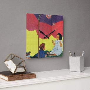 Klassieke kinderen die bellen blazen onder een par vierkante klok