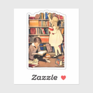 Klassieke kinderen die bibliotheekboeken lezen sticker