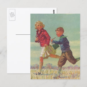 Klassieke kinderen die naar school rennen met boek briefkaart