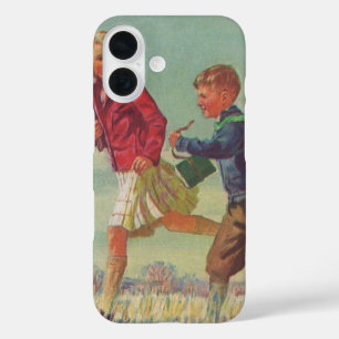 Klassieke kinderen die naar school rennen met boek iPhone 16 hoesje