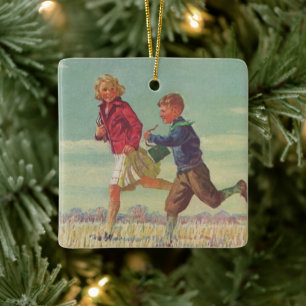 Klassieke kinderen die naar school rennen met boek keramisch ornament