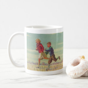 Klassieke kinderen die naar school rennen met boek koffiemok