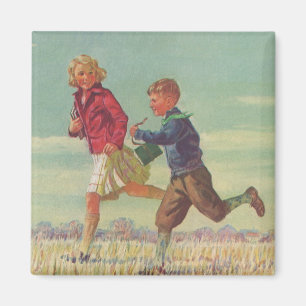 Klassieke kinderen die naar school rennen met boek magneet