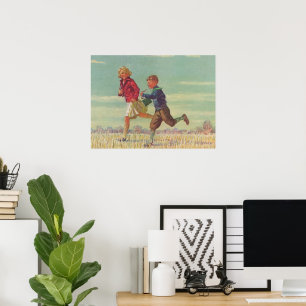 Klassieke kinderen die naar school rennen met boek poster