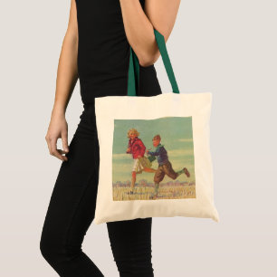 Klassieke kinderen die naar school rennen met boek tote bag