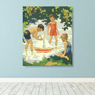 Klassieke kinderen die speelgoed zeilboten op zome canvas afdruk